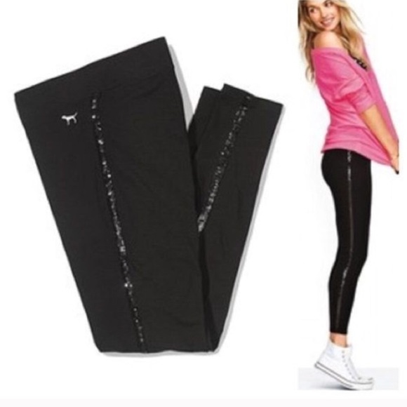 Victoria’s Secret VS PINK Black Leggings with Strip Of Sequins Down Side of Leg - Picture 3 of 9